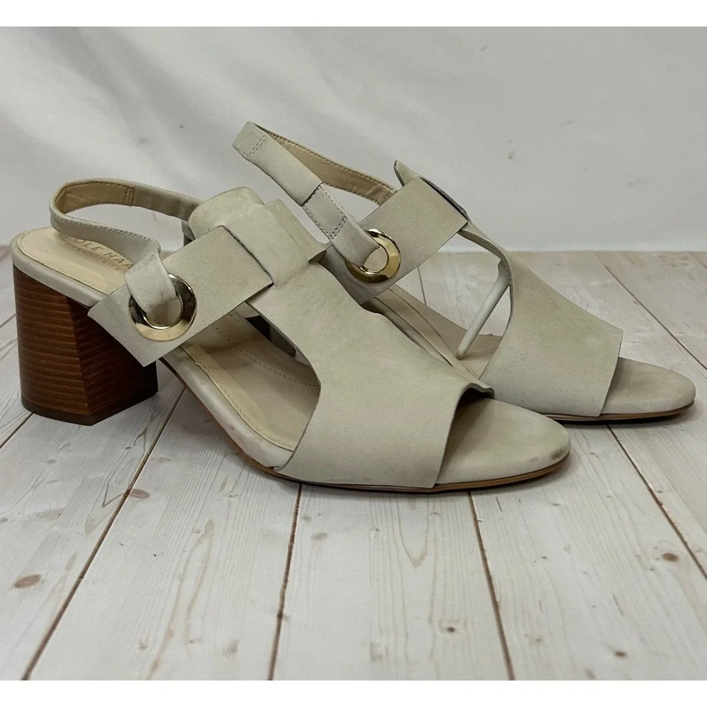 Cole Haan Sandal Heels Bone Leather Open Toe Slingback Grand Series Womens US 8M